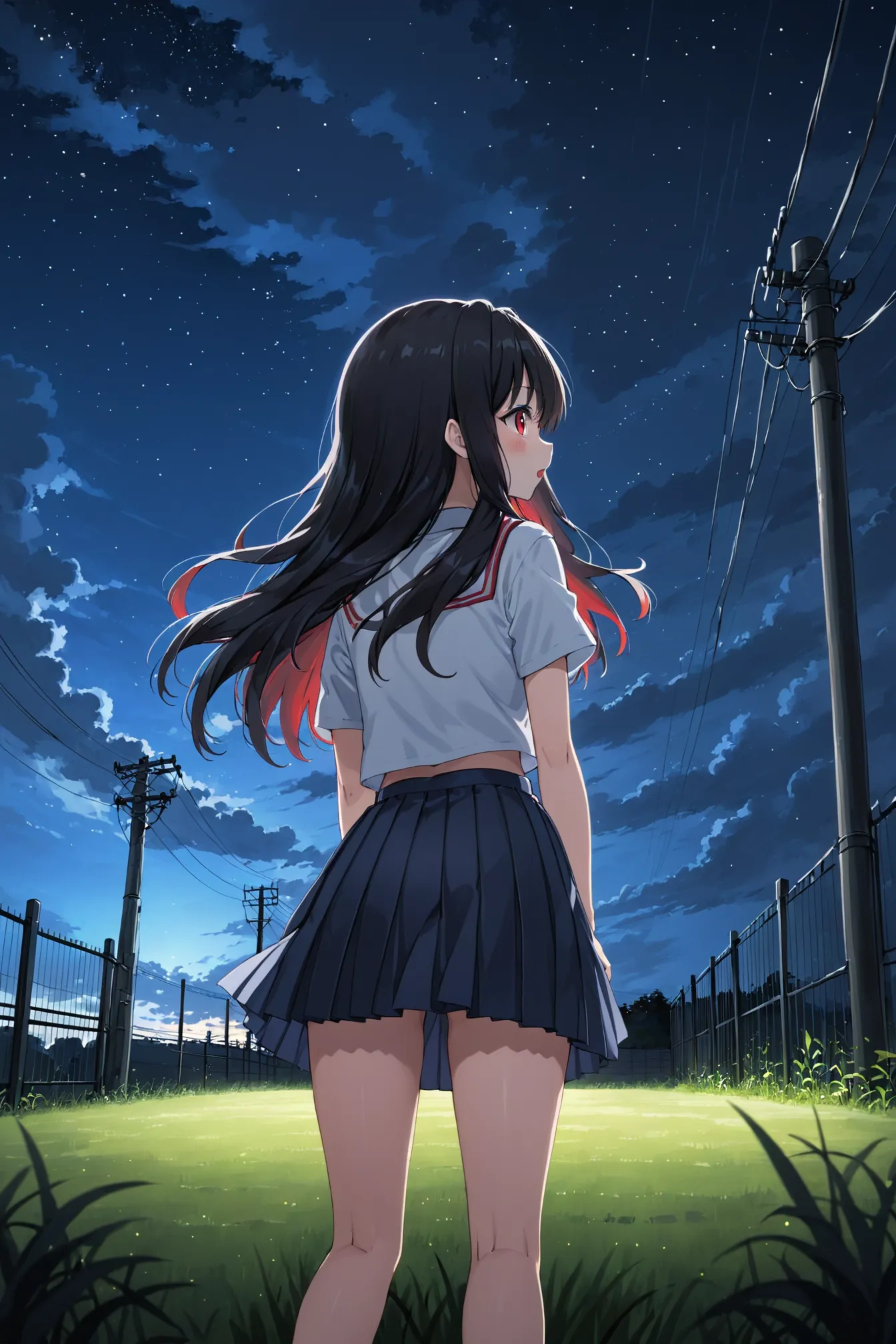 02094-1999222592-anime, 1girl, solo, outdoors, black hair, blue sky, cloud, dark clouds, fence, from behind, grass, long hair, l.webp